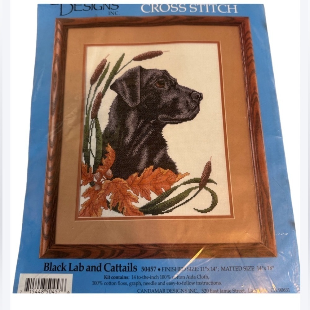 Candamar Designs counted cross stitch kit Black Lab and Cattails New